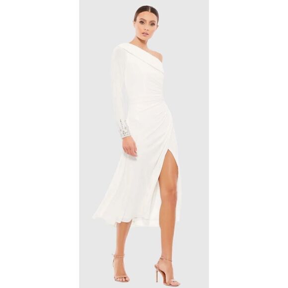 Ieena for Mac Duggal FOLDOVER LONG SLEEVE JEWELED MIDI DRESS NWOT Size 6 - Picture 1 of 7